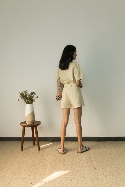 Sunset Rose Casual Shirt by Anushé Pirani with Beige, Casual Wear, Cotton, Cotton Hemp, Handwoven, Hemp, Relaxed Fit, Shibumi Collection, Shirts, Solids, Womenswear at Kamakhyaa for sustainable fashion