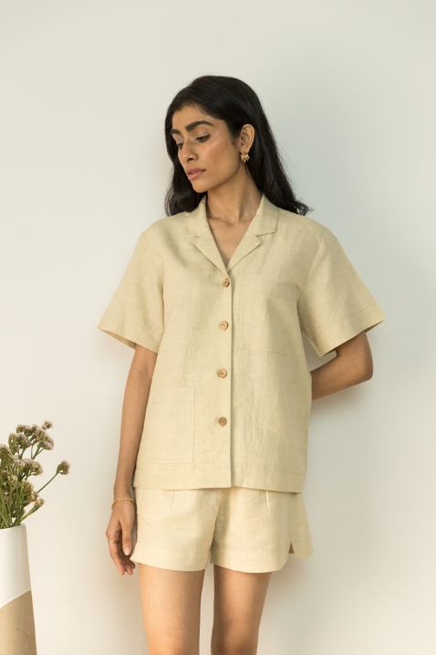 Sunset Rose Casual Shirt by Anushé Pirani with Beige, Casual Wear, Cotton, Cotton Hemp, Handwoven, Hemp, Relaxed Fit, Shibumi Collection, Shirts, Solids, Womenswear at Kamakhyaa for sustainable fashion
