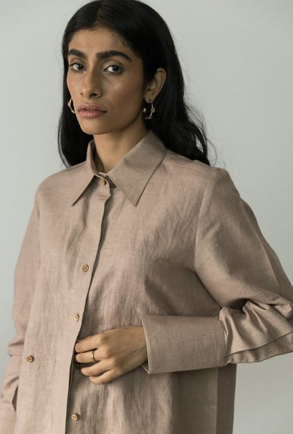 Sunset Rose Solid Shirt by Anushé Pirani with Beige, Casual Wear, Cotton, Cotton Hemp, Handwoven, Hemp, Regular Fit, Shibumi Collection, Shirts, Solids, Womenswear at Kamakhyaa for sustainable fashion