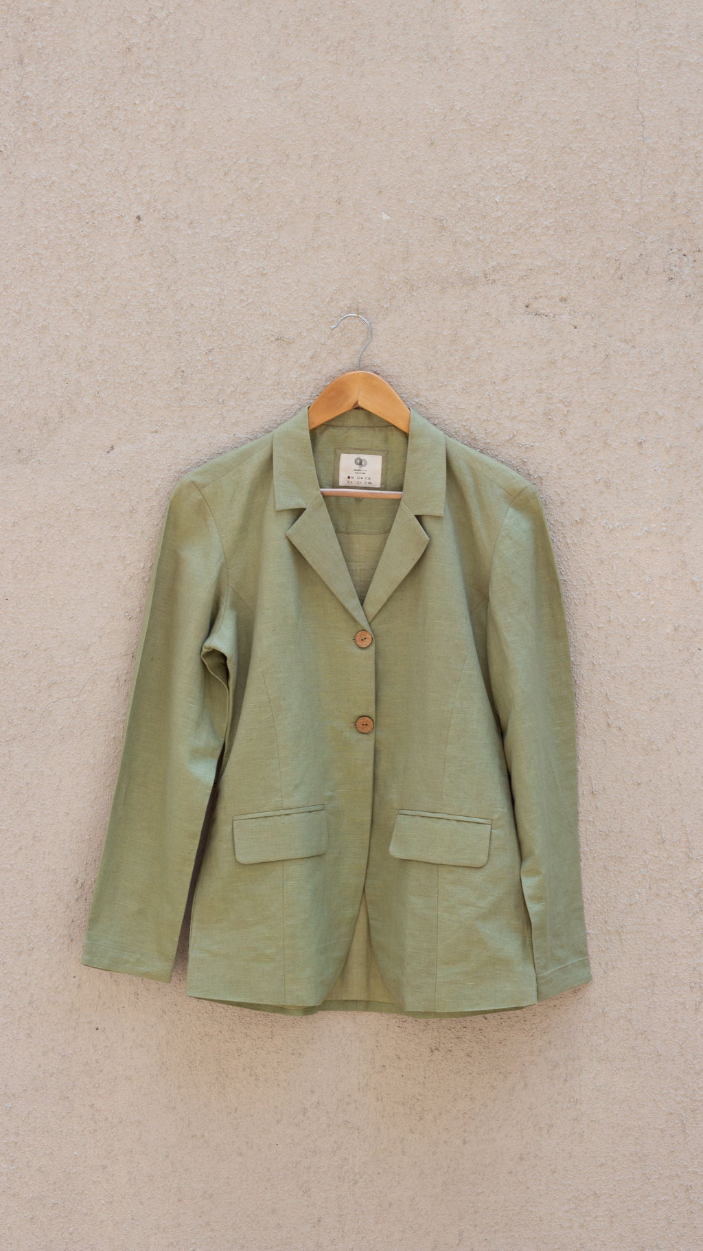 Green Cotton Blazer by Anushé Pirani with Blazers, Casual Wear, Cotton, Cotton Hemp, Green, Handwoven, Hemp, Shibumi Collection, Slim Fit, Solids, Womenswear at Kamakhyaa for sustainable fashion