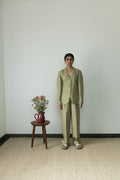 Green Cotton Blazer by Anushé Pirani with Blazers, Casual Wear, Cotton, Cotton Hemp, Green, Handwoven, Hemp, Shibumi Collection, Slim Fit, Solids, Womenswear at Kamakhyaa for sustainable fashion