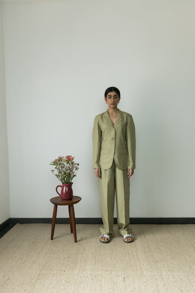 Green Cotton Blazer by Anushé Pirani with Blazers, Casual Wear, Cotton, Cotton Hemp, Green, Handwoven, Hemp, Shibumi Collection, Slim Fit, Solids, Womenswear at Kamakhyaa for sustainable fashion