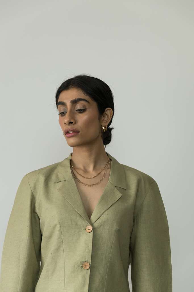 Green Cotton Blazer by Anushé Pirani with Blazers, Casual Wear, Cotton, Cotton Hemp, Green, Handwoven, Hemp, Shibumi Collection, Slim Fit, Solids, Womenswear at Kamakhyaa for sustainable fashion