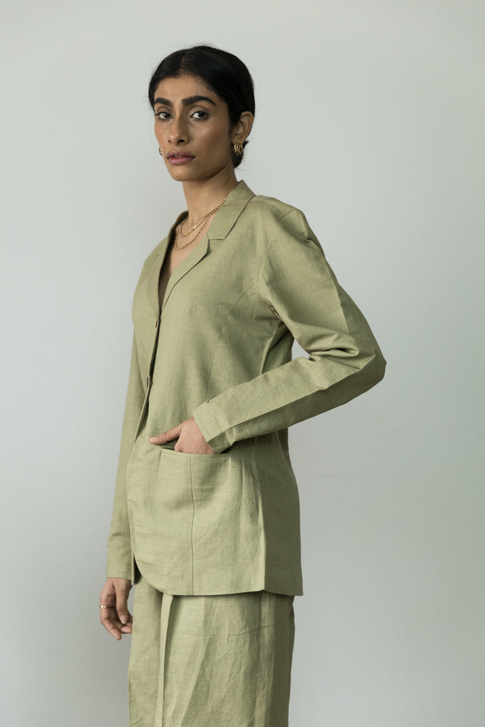 Green Cotton Blazer by Anushé Pirani with Blazers, Casual Wear, Cotton, Cotton Hemp, Green, Handwoven, Hemp, Shibumi Collection, Slim Fit, Solids, Womenswear at Kamakhyaa for sustainable fashion