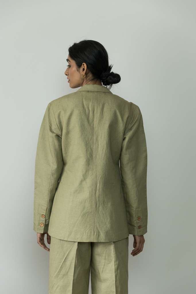 Green Cotton Blazer by Anushé Pirani with Blazers, Casual Wear, Cotton, Cotton Hemp, Green, Handwoven, Hemp, Shibumi Collection, Slim Fit, Solids, Womenswear at Kamakhyaa for sustainable fashion