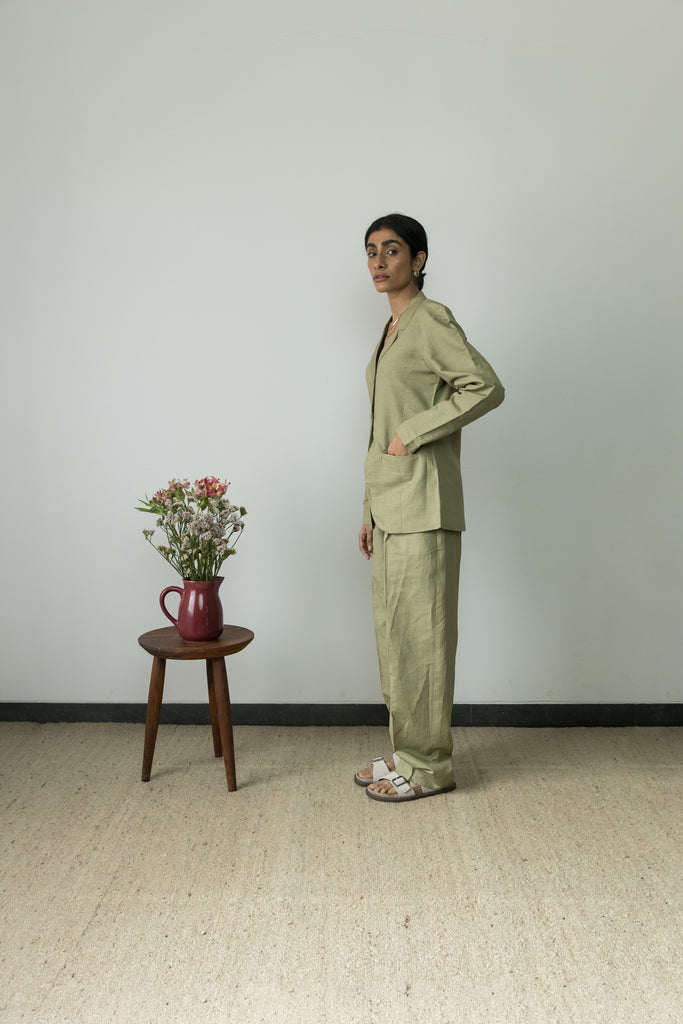 Green Cotton Blazer by Anushé Pirani with Blazers, Casual Wear, Cotton, Cotton Hemp, Green, Handwoven, Hemp, Shibumi Collection, Slim Fit, Solids, Womenswear at Kamakhyaa for sustainable fashion