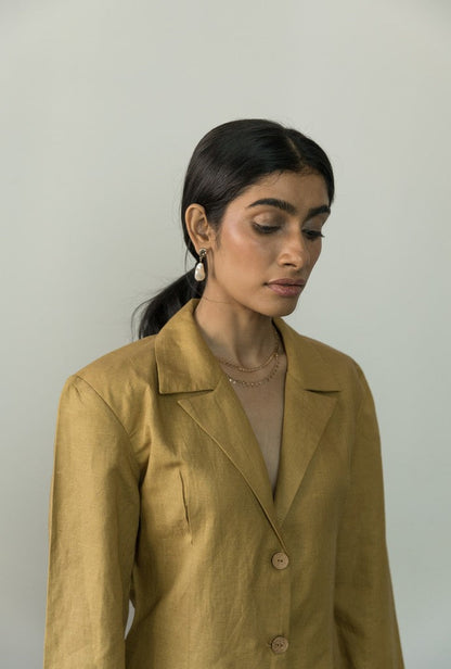 Slim Fit Blazer Dress by Anushé Pirani with Blazer Dresses, Blazers, Casual Wear, Cotton, Cotton Hemp, Handwoven, Hemp, Mini Dresses, Shibumi Collection, Slim Fit, Solids, Womenswear, Yellow at Kamakhyaa for sustainable fashion