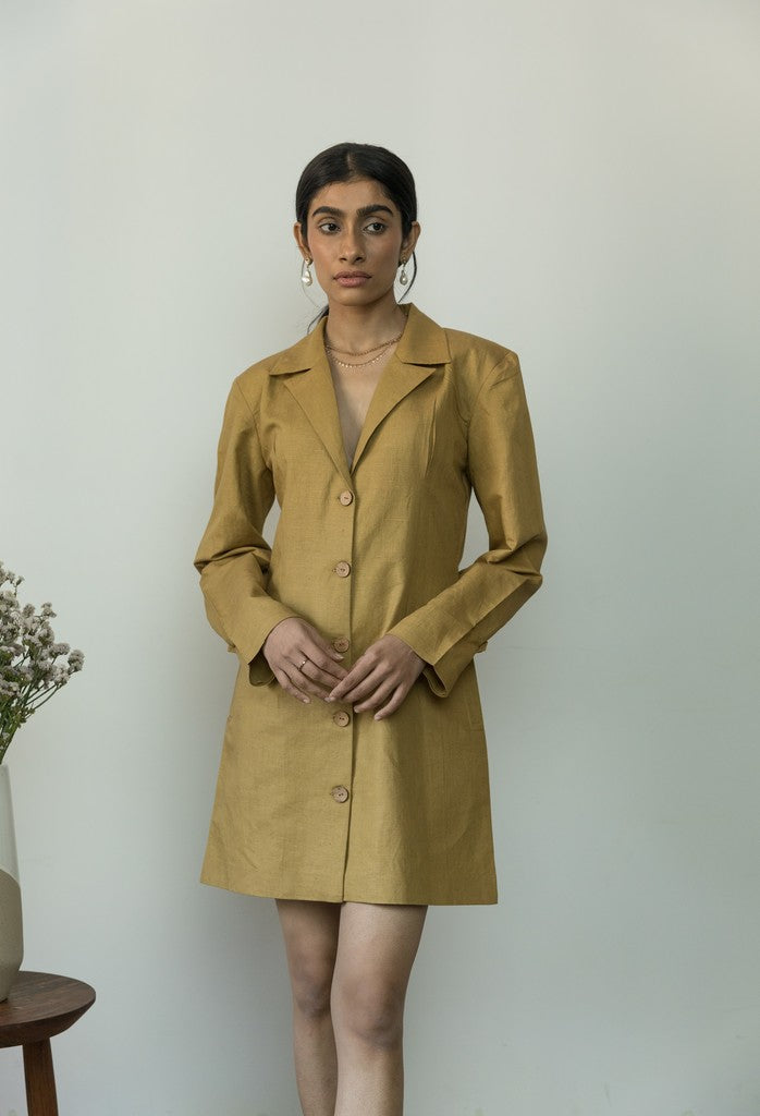 Slim Fit Blazer Dress by Anushé Pirani with Blazer Dresses, Blazers, Casual Wear, Cotton, Cotton Hemp, Handwoven, Hemp, Mini Dresses, Shibumi Collection, Slim Fit, Solids, Womenswear, Yellow at Kamakhyaa for sustainable fashion