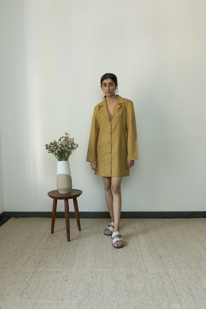 Slim Fit Blazer Dress by Anushé Pirani with Blazer Dresses, Blazers, Casual Wear, Cotton, Cotton Hemp, Handwoven, Hemp, Mini Dresses, Shibumi Collection, Slim Fit, Solids, Womenswear, Yellow at Kamakhyaa for sustainable fashion