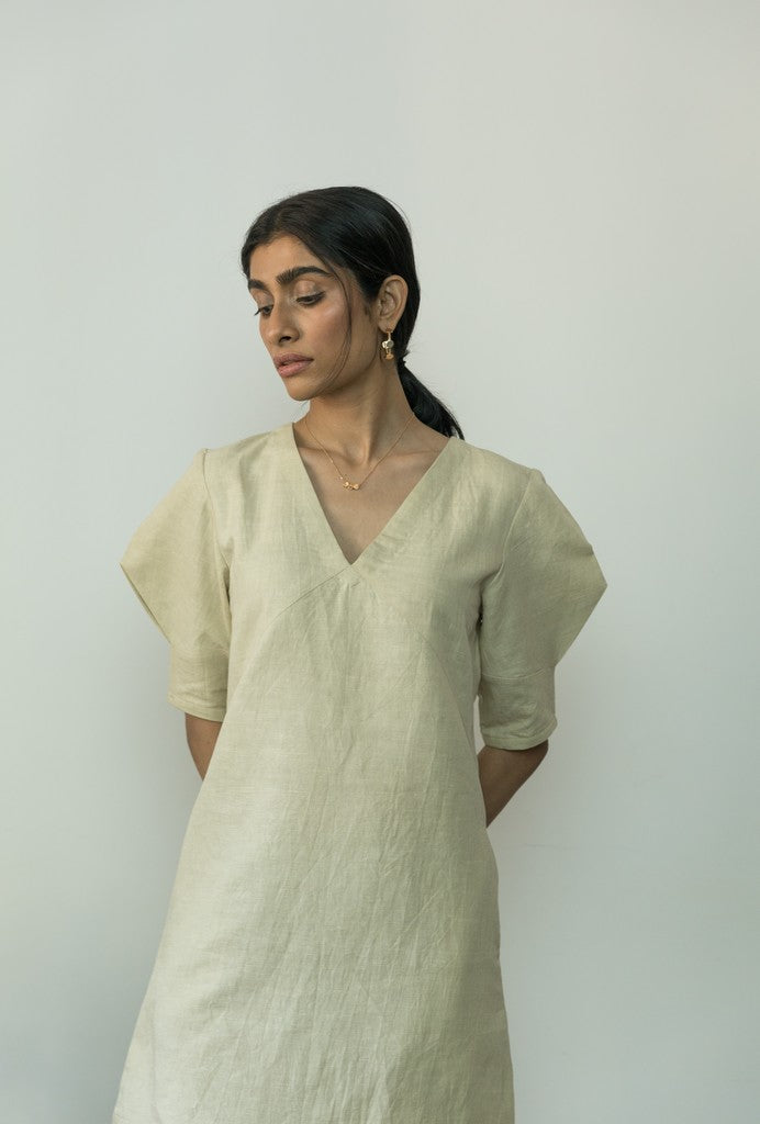 Beige Casual Mini Dress by Anushé Pirani with Beige, Casual Wear, Cotton, Cotton Hemp, Handwoven, Hemp, Mini Dresses, Regular Fit, Shibumi Collection, Solids, Womenswear at Kamakhyaa for sustainable fashion