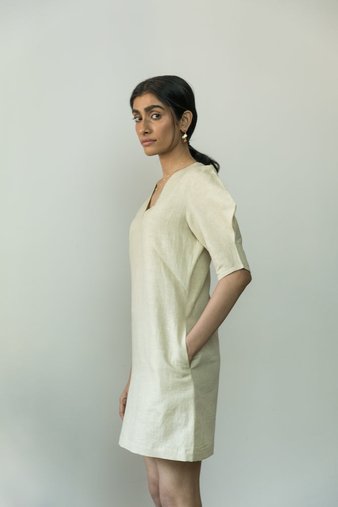 Beige Casual Mini Dress by Anushé Pirani with Beige, Casual Wear, Cotton, Cotton Hemp, Handwoven, Hemp, Mini Dresses, Regular Fit, Shibumi Collection, Solids, Womenswear at Kamakhyaa for sustainable fashion