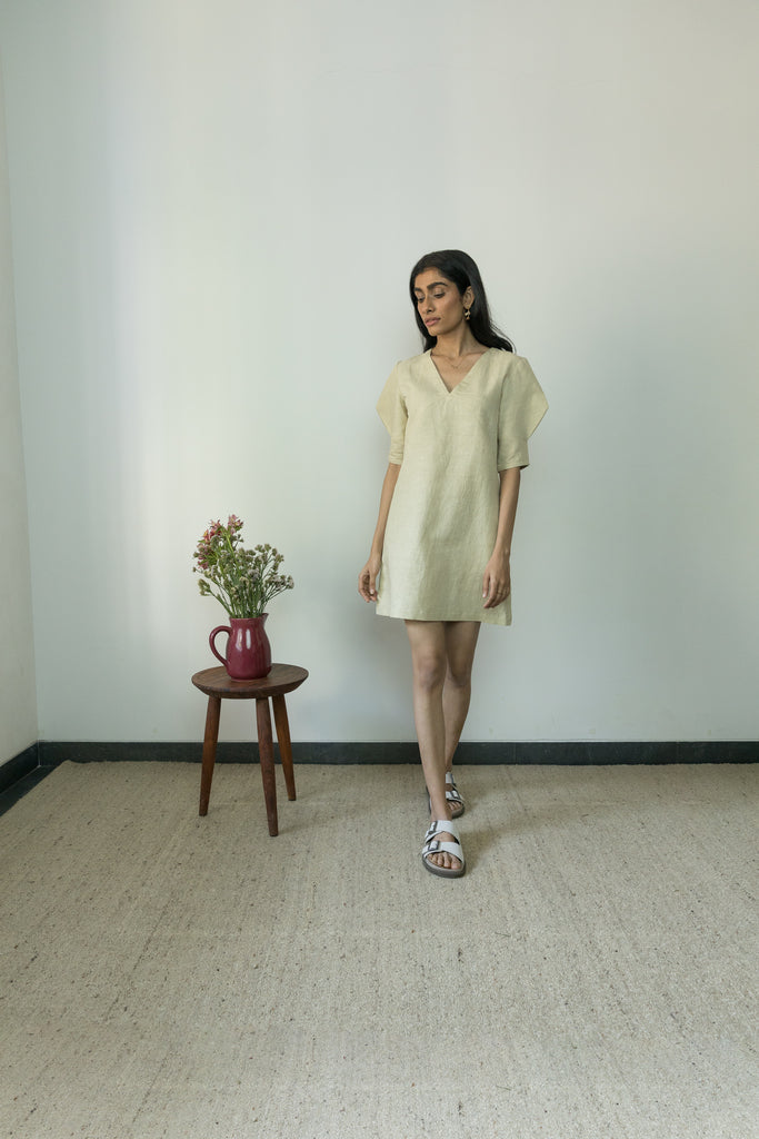 Beige Casual Mini Dress by Anushé Pirani with Beige, Casual Wear, Cotton, Cotton Hemp, Handwoven, Hemp, Mini Dresses, Regular Fit, Shibumi Collection, Solids, Womenswear at Kamakhyaa for sustainable fashion