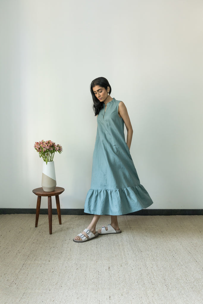 Blue Gathered Dress by Anushé Pirani with Blue, Casual Wear, Cotton, Cotton Hemp, Handwoven, Hemp, Maxi Dresses, Regular Fit, Shibumi Collection, Sleeveless Dresses, Solids, Womenswear at Kamakhyaa for sustainable fashion