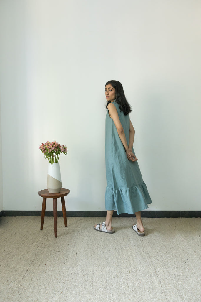 Blue Gathered Dress by Anushé Pirani with Blue, Casual Wear, Cotton, Cotton Hemp, Handwoven, Hemp, Maxi Dresses, Regular Fit, Shibumi Collection, Sleeveless Dresses, Solids, Womenswear at Kamakhyaa for sustainable fashion