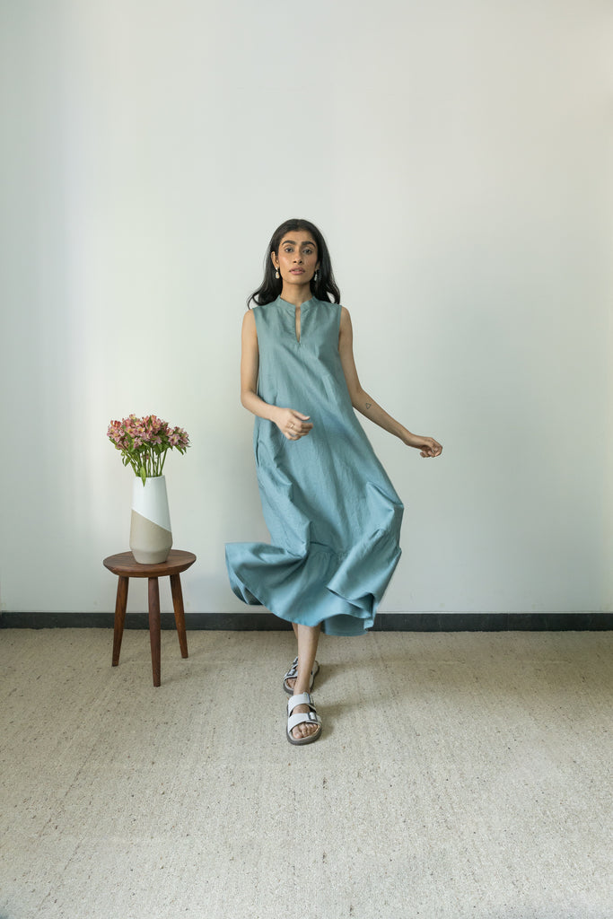 Blue Gathered Dress by Anushé Pirani with Blue, Casual Wear, Cotton, Cotton Hemp, Handwoven, Hemp, Maxi Dresses, Regular Fit, Shibumi Collection, Sleeveless Dresses, Solids, Womenswear at Kamakhyaa for sustainable fashion