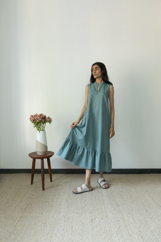 Blue Gathered Dress by Anushé Pirani with Blue, Casual Wear, Cotton, Cotton Hemp, Handwoven, Hemp, Maxi Dresses, Regular Fit, Shibumi Collection, Sleeveless Dresses, Solids, Womenswear at Kamakhyaa for sustainable fashion