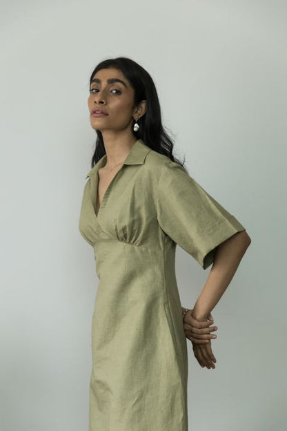 Green Midi Dress by Anushé Pirani with Casual Wear, Cotton, Cotton Hemp, Green, Handwoven, Hemp, Midi Dresses, Shibumi Collection, Shirt Dresses, Slim Fit, Solids, Womenswear at Kamakhyaa for sustainable fashion