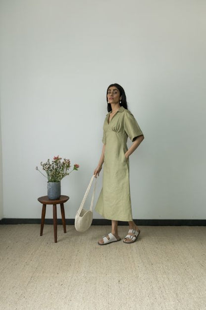 Green Midi Dress by Anushé Pirani with Casual Wear, Cotton, Cotton Hemp, Green, Handwoven, Hemp, Midi Dresses, Shibumi Collection, Shirt Dresses, Slim Fit, Solids, Womenswear at Kamakhyaa for sustainable fashion