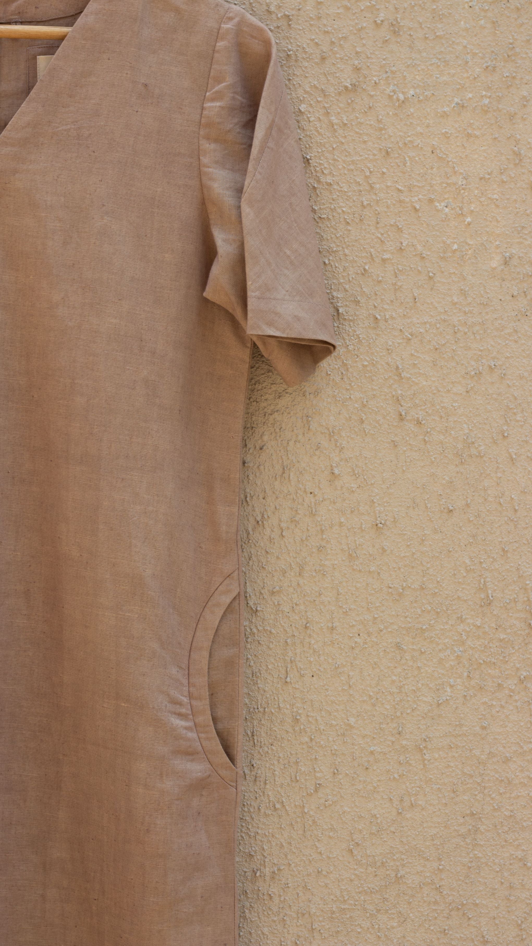 Beige Midi Dress by Anushé Pirani with Beige, Casual Wear, Cotton, Cotton Hemp, Handwoven, Hemp, Midi Dresses, Regular Fit, Shibumi Collection, Solids, Womenswear at Kamakhyaa for sustainable fashion