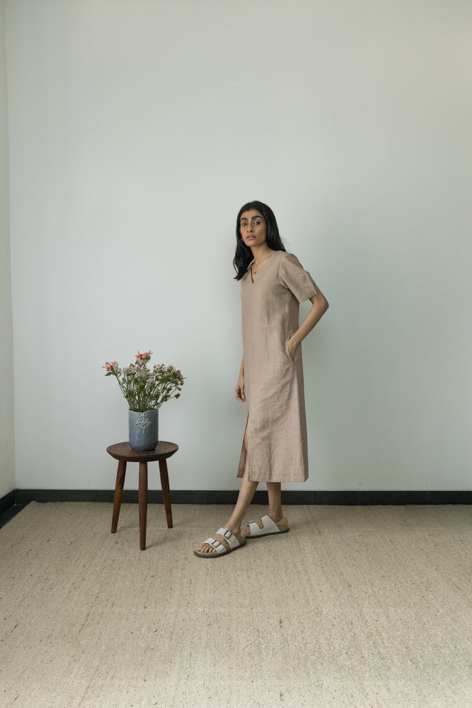 Beige Midi Dress by Anushé Pirani with Beige, Casual Wear, Cotton, Cotton Hemp, Handwoven, Hemp, Midi Dresses, Regular Fit, Shibumi Collection, Solids, Womenswear at Kamakhyaa for sustainable fashion