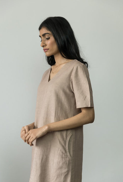 Beige Midi Dress by Anushé Pirani with Beige, Casual Wear, Cotton, Cotton Hemp, Handwoven, Hemp, Midi Dresses, Regular Fit, Shibumi Collection, Solids, Womenswear at Kamakhyaa for sustainable fashion