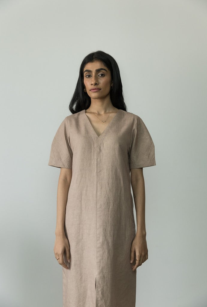 Beige Midi Dress by Anushé Pirani with Beige, Casual Wear, Cotton, Cotton Hemp, Handwoven, Hemp, Midi Dresses, Regular Fit, Shibumi Collection, Solids, Womenswear at Kamakhyaa for sustainable fashion