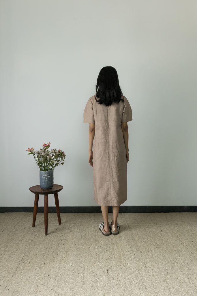 Beige Midi Dress by Anushé Pirani with Beige, Casual Wear, Cotton, Cotton Hemp, Handwoven, Hemp, Midi Dresses, Regular Fit, Shibumi Collection, Solids, Womenswear at Kamakhyaa for sustainable fashion