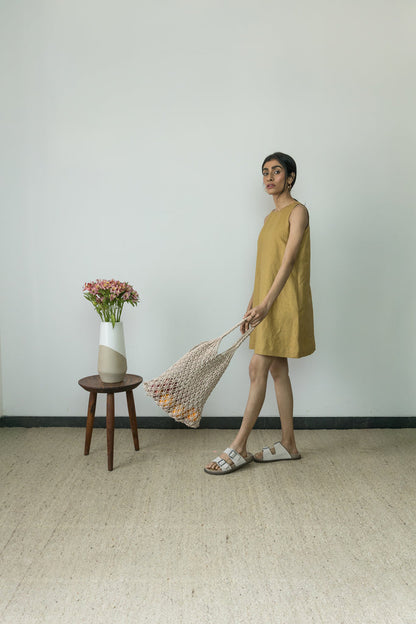 Yellow Flowy Mini Dress by Anushé Pirani with Casual Wear, Cotton, Cotton Hemp, Handwoven, Hemp, Mini Dresses, Regular Fit, Shibumi Collection, Sleeveless Dresses, Solids, Womenswear, Yellow at Kamakhyaa for sustainable fashion