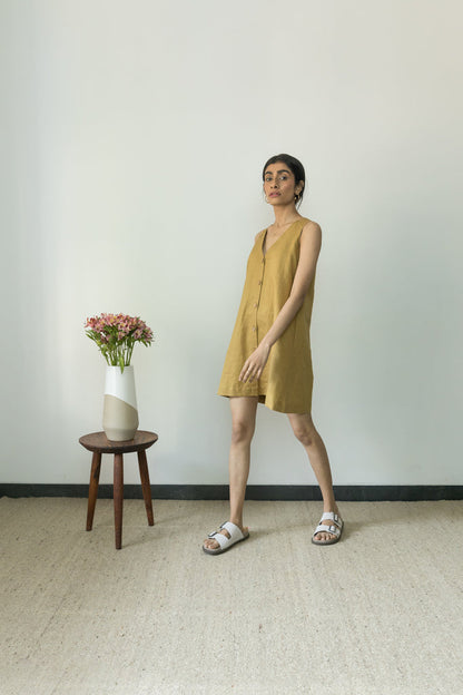 Yellow Flowy Mini Dress by Anushé Pirani with Casual Wear, Cotton, Cotton Hemp, Handwoven, Hemp, Mini Dresses, Regular Fit, Shibumi Collection, Sleeveless Dresses, Solids, Womenswear, Yellow at Kamakhyaa for sustainable fashion