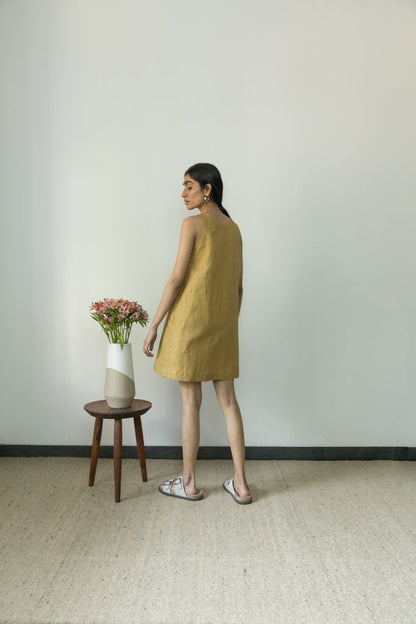 Yellow Flowy Mini Dress by Anushé Pirani with Casual Wear, Cotton, Cotton Hemp, Handwoven, Hemp, Mini Dresses, Regular Fit, Shibumi Collection, Sleeveless Dresses, Solids, Womenswear, Yellow at Kamakhyaa for sustainable fashion