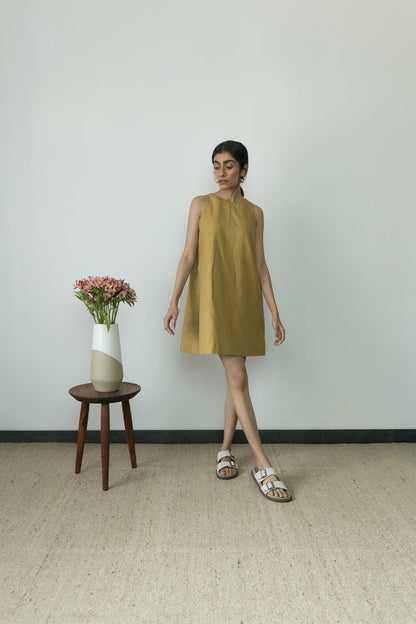 Yellow Flowy Mini Dress by Anushé Pirani with Casual Wear, Cotton, Cotton Hemp, Handwoven, Hemp, Mini Dresses, Regular Fit, Shibumi Collection, Sleeveless Dresses, Solids, Womenswear, Yellow at Kamakhyaa for sustainable fashion