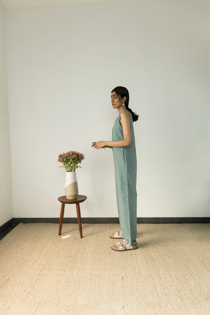 Blue Relaxed Fit Jumpsuit by Anushé Pirani with Blue, Casual Wear, Cotton, Cotton Hemp, Handwoven, Hemp, Jumpsuits, Relaxed Fit, Shibumi Collection, Solids, Womenswear at Kamakhyaa for sustainable fashion