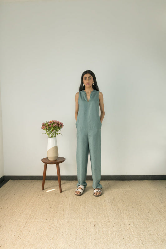 Blue Relaxed Fit Jumpsuit by Anushé Pirani with Blue, Casual Wear, Cotton, Cotton Hemp, Handwoven, Hemp, Jumpsuits, Relaxed Fit, Shibumi Collection, Solids, Womenswear at Kamakhyaa for sustainable fashion