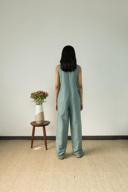 Blue Relaxed Fit Jumpsuit by Anushé Pirani with Blue, Casual Wear, Cotton, Cotton Hemp, Handwoven, Hemp, Jumpsuits, Relaxed Fit, Shibumi Collection, Solids, Womenswear at Kamakhyaa for sustainable fashion