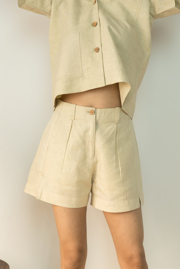 Beige Casual Short by Anushé Pirani with Beige, Casual Wear, Cotton, Cotton Hemp, Handwoven, Hemp, Regular Fit, Shibumi Collection, Shorts, Solids, Womenswear at Kamakhyaa for sustainable fashion