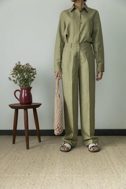 Green Casual Pants by Anushé Pirani with Casual Wear, Cotton, Cotton Hemp, For Him, Green, Handwoven, Hemp, Mens Bottom, Menswear, Pants, Relaxed Fit, Shibumi Collection, Solids at Kamakhyaa for sustainable fashion