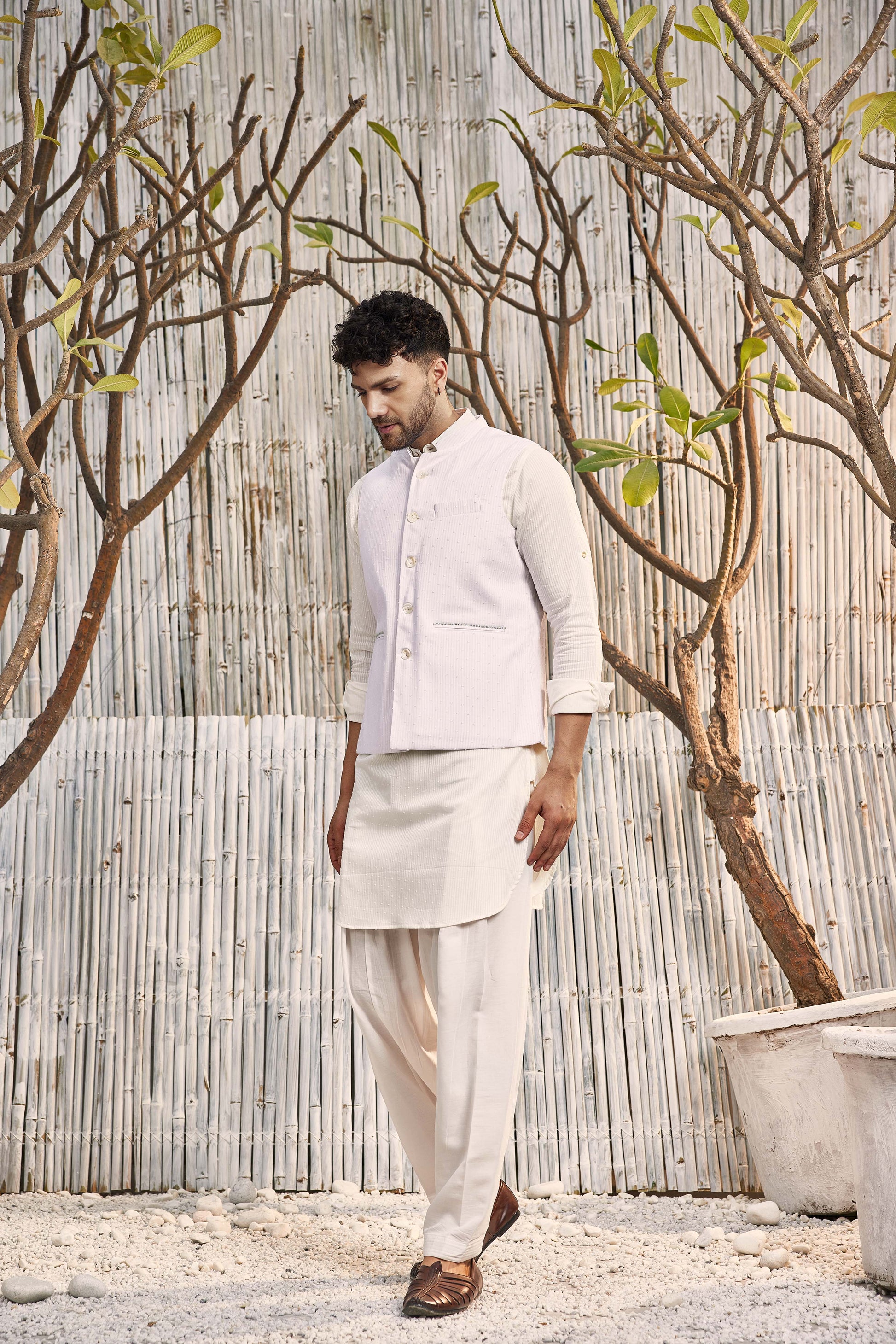 Cotton Bundi Jacket - Off White by Charkhee with Cotton, Dobby Cotton, Festive Wear, Indian Wear, Indianwear Jackets, Jackets, Mens Overlay, Menswear, Natural, Off-white, Regular Fit, Shores 23, Textured, Wedding Gifts at Kamakhyaa for sustainable fashion