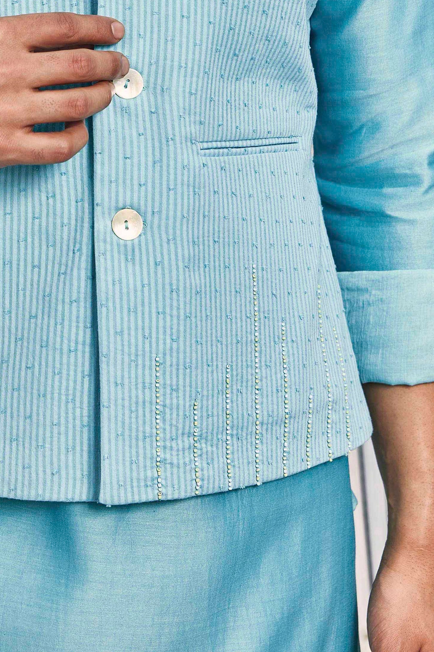 Cotton Bundi Jacket - Blue by Charkhee with Best Selling, Blue, Cotton, Dobby Cotton, Festive Wear, Indian Wear, Indianwear Jackets, Jackets, Mens Overlay, Menswear, Natural, Regular Fit, Shores 23, Textured at Kamakhyaa for sustainable fashion