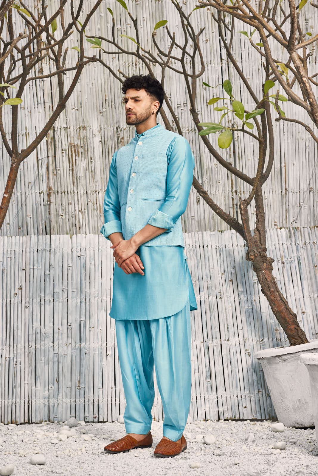 Cotton Bundi Jacket - Blue by Charkhee with Best Selling, Blue, Cotton, Dobby Cotton, Festive Wear, Indian Wear, Indianwear Jackets, Jackets, Mens Overlay, Menswear, Natural, Regular Fit, Shores 23, Textured at Kamakhyaa for sustainable fashion