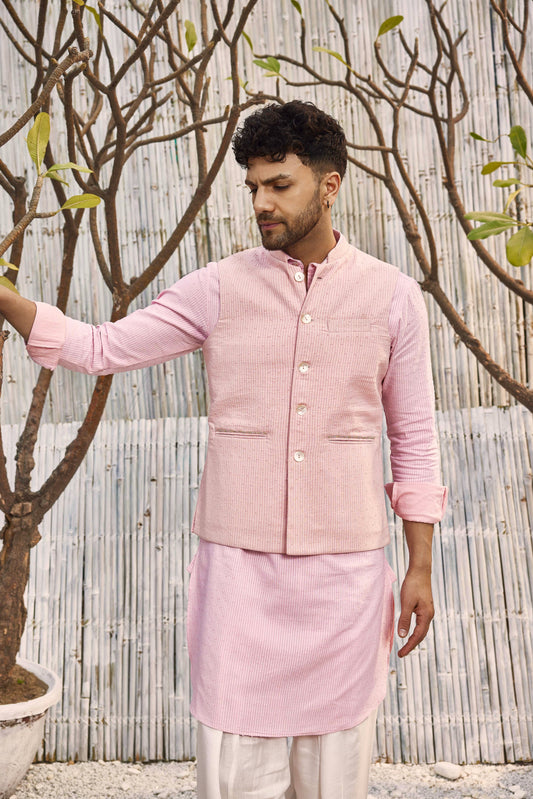 Cotton Bundi Jacket - Pink by Charkhee with Best Selling, Cotton, Dobby Cotton, Festive Wear, Indian Wear, Indianwear Jackets, Jackets, Mens Overlay, Menswear, Natural, Pink, Regular Fit, Shores 23, Shores by Charkherr, Textured at Kamakhyaa for sustainable fashion
