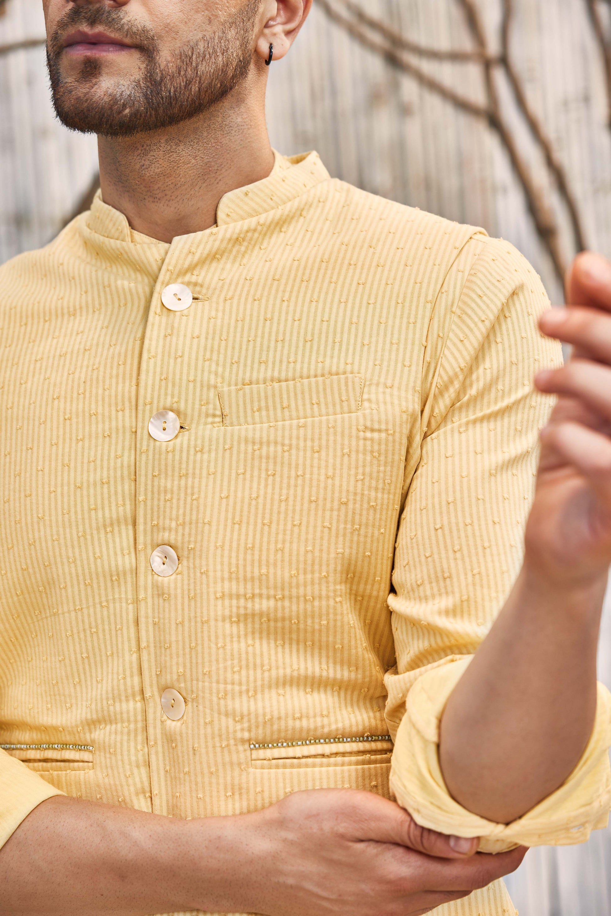 Cotton Bundi Jacket - Yellow by Charkhee with Cotton, Dobby Cotton, Festive Wear, Indian Wear, Indianwear Jackets, Jackets, Mens Overlay, Menswear, Natural, Regular Fit, Shores 23, Shores by Charkherr, Textured, Yellow at Kamakhyaa for sustainable fashion