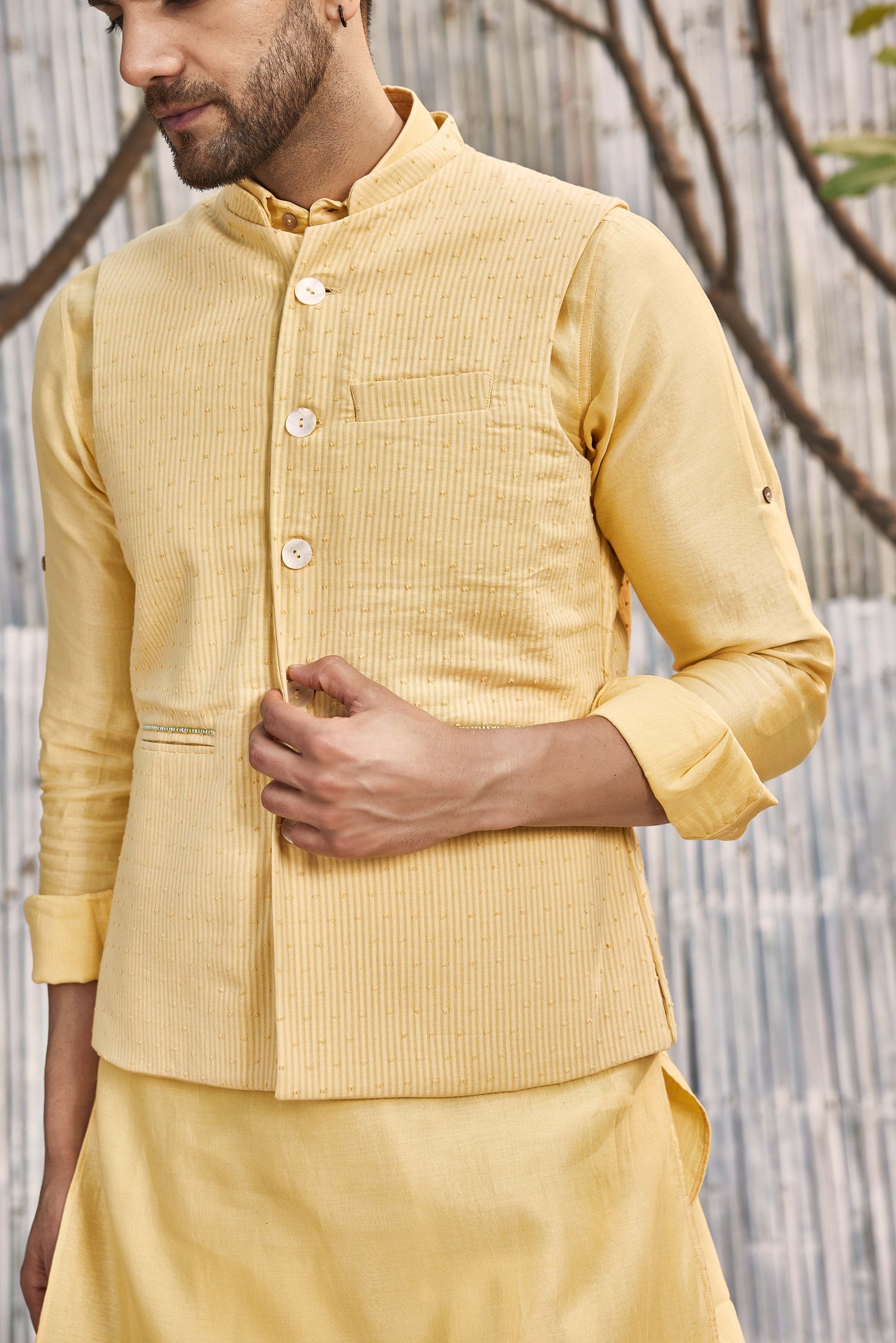 Cotton Bundi Jacket - Yellow by Charkhee with Cotton, Dobby Cotton, Festive Wear, Indian Wear, Indianwear Jackets, Jackets, Mens Overlay, Menswear, Natural, Regular Fit, Shores 23, Shores by Charkherr, Textured, Yellow at Kamakhyaa for sustainable fashion