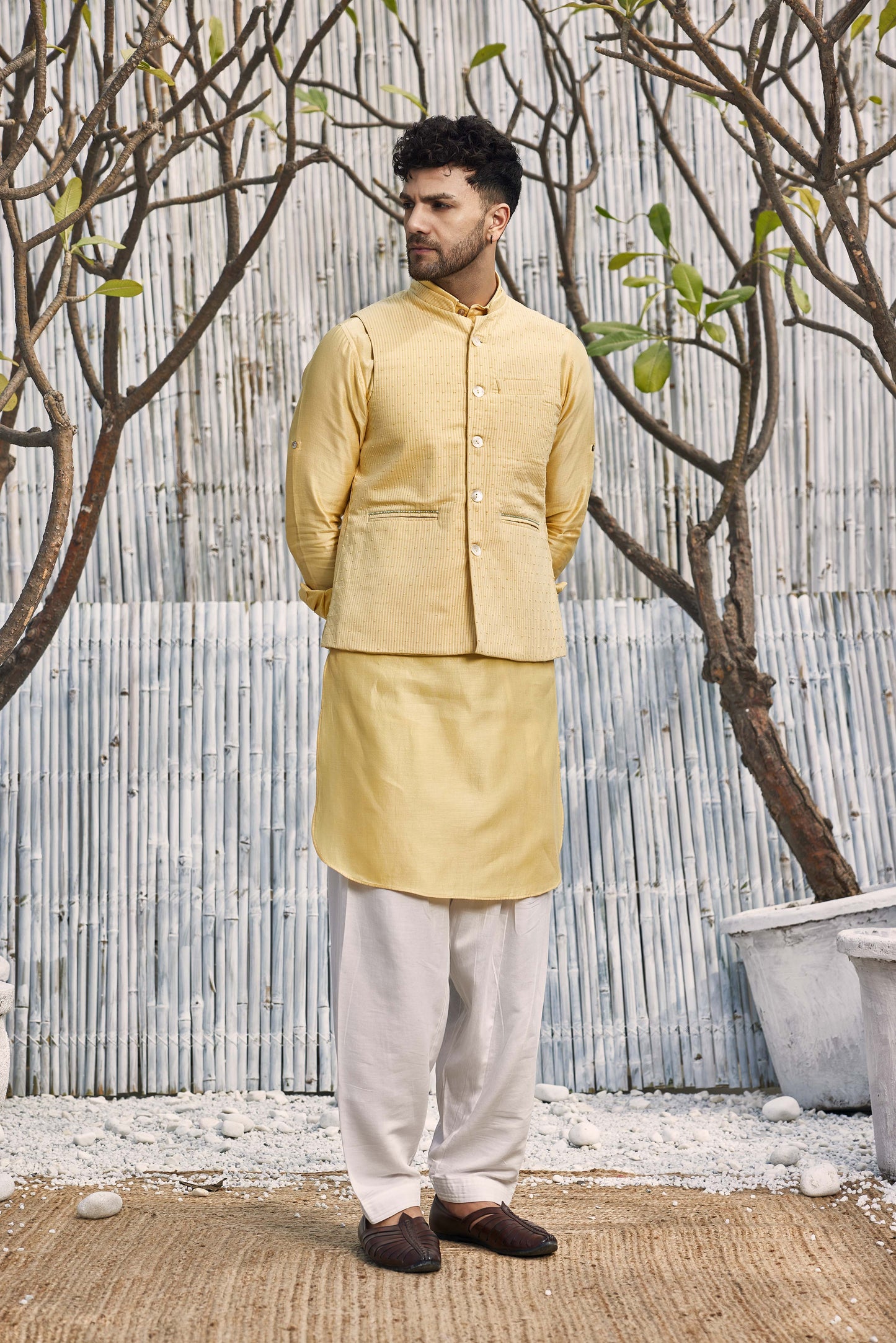 Cotton Bundi Jacket - Yellow by Charkhee with Cotton, Dobby Cotton, Festive Wear, Indian Wear, Indianwear Jackets, Jackets, Mens Overlay, Menswear, Natural, Regular Fit, Shores 23, Shores by Charkherr, Textured, Yellow at Kamakhyaa for sustainable fashion