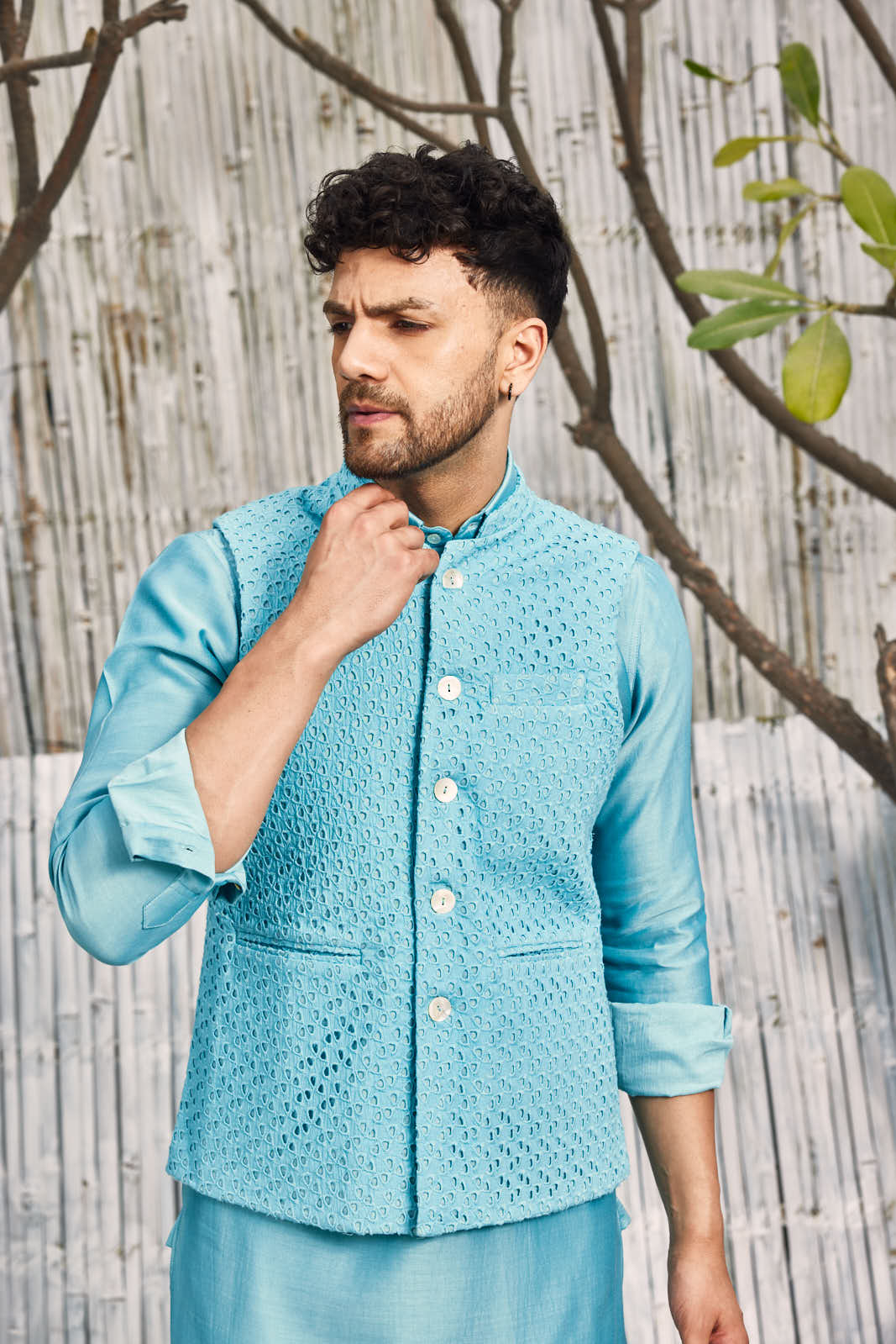 Chanderi Bundi Jacket - Blue by Charkhee with Blue, Cotton, Festive Wear, Indian Wear, Indianwear Jackets, Jackets, Mens Overlay, Menswear, Natural, Regular Fit, Schiffli, Shores 23, Textured at Kamakhyaa for sustainable fashion