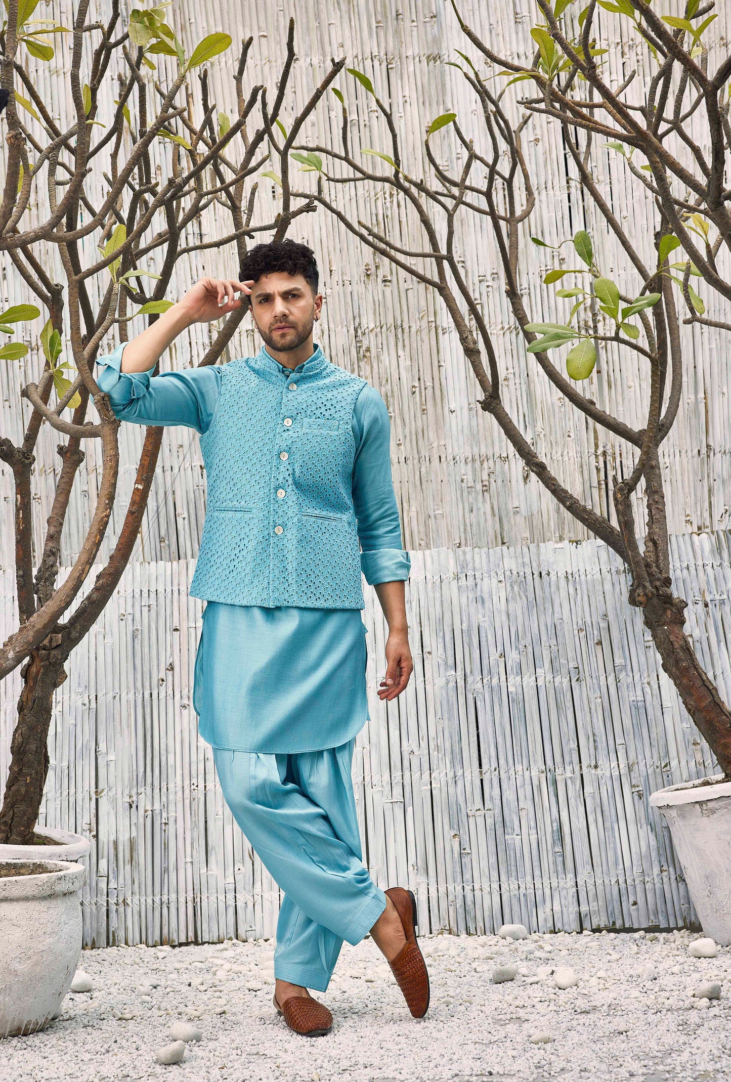 Chanderi Bundi Jacket - Blue by Charkhee with Blue, Cotton, Festive Wear, Indian Wear, Indianwear Jackets, Jackets, Mens Overlay, Menswear, Natural, Regular Fit, Schiffli, Shores 23, Textured at Kamakhyaa for sustainable fashion