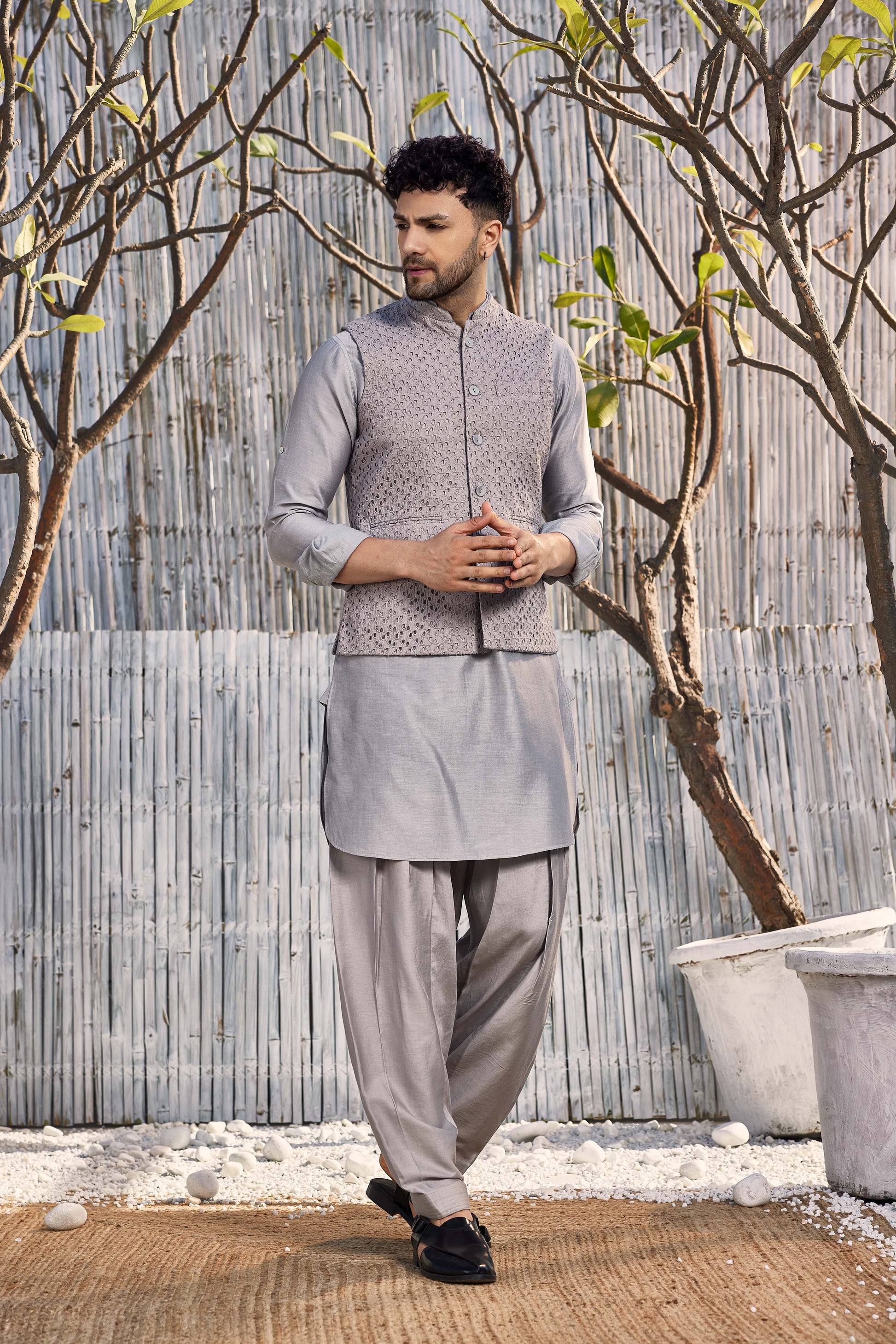 Chanderi Bundi Jacket - Grey by Charkhee with Cotton, Festive Wear, Grey, Indian Wear, Indianwear Jackets, Jackets, Mens Overlay, Menswear, Natural, Regular Fit, Schiffli, Shores 23, Shores by Charkherr, Textured at Kamakhyaa for sustainable fashion