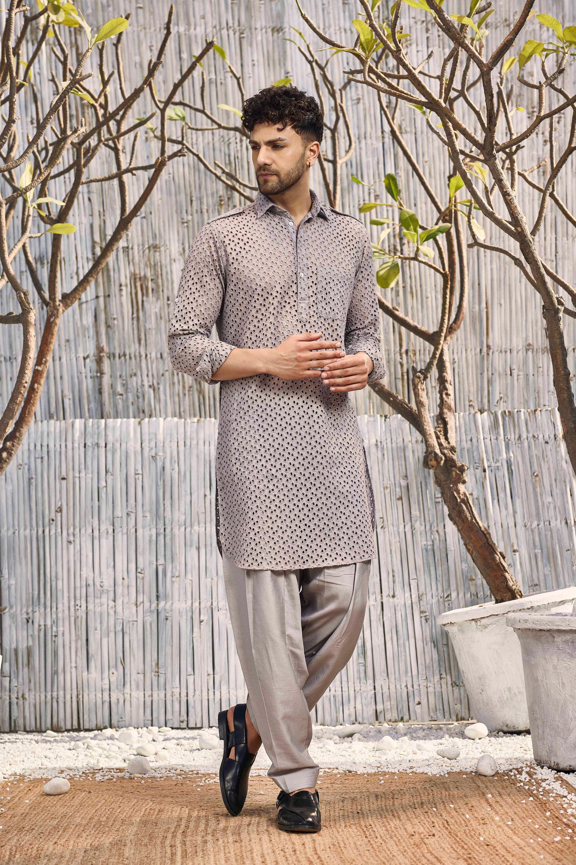 Chanderi Bundi Jacket - Grey by Charkhee with Cotton, Festive Wear, Grey, Indian Wear, Indianwear Jackets, Jackets, Mens Overlay, Menswear, Natural, Regular Fit, Schiffli, Shores 23, Shores by Charkherr, Textured at Kamakhyaa for sustainable fashion