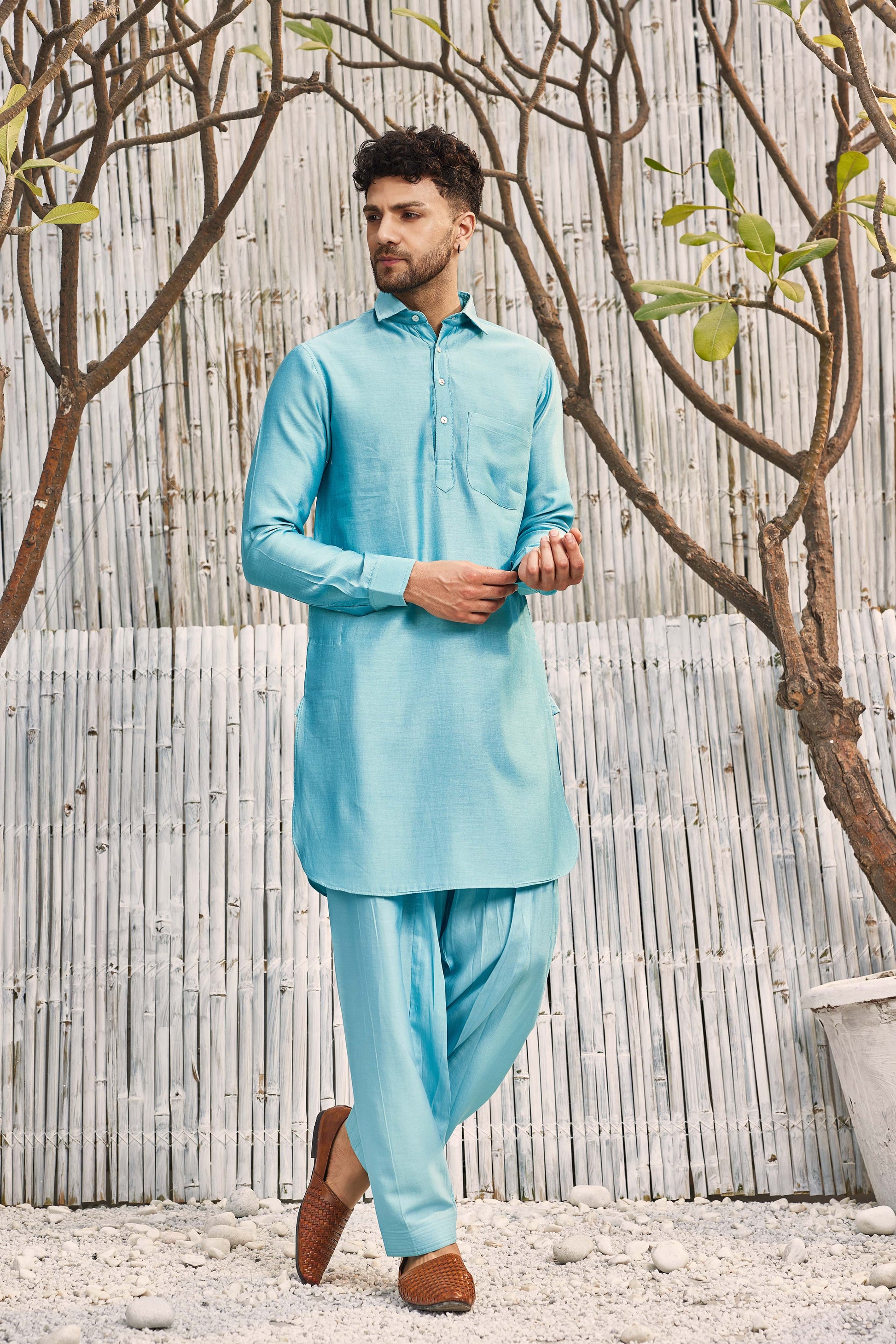 Chanderi Pathani with Salwar - Set of 2 - Blue by Charkhee with Blue, Chanderi, Cotton, Cotton Satin, Festive Wear, Kurta Salwar Sets, Mens Co-ords, Menswear, Natural, Regular Fit, Shores 23, Solids at Kamakhyaa for sustainable fashion