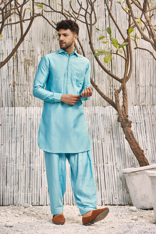 Chanderi Pathani with Salwar - Set of 2 Blue Blue, Festive Wear, Kurta Salwar Sets, Natural, Regular Fit, Shores 23, Solids Kamakhyaa