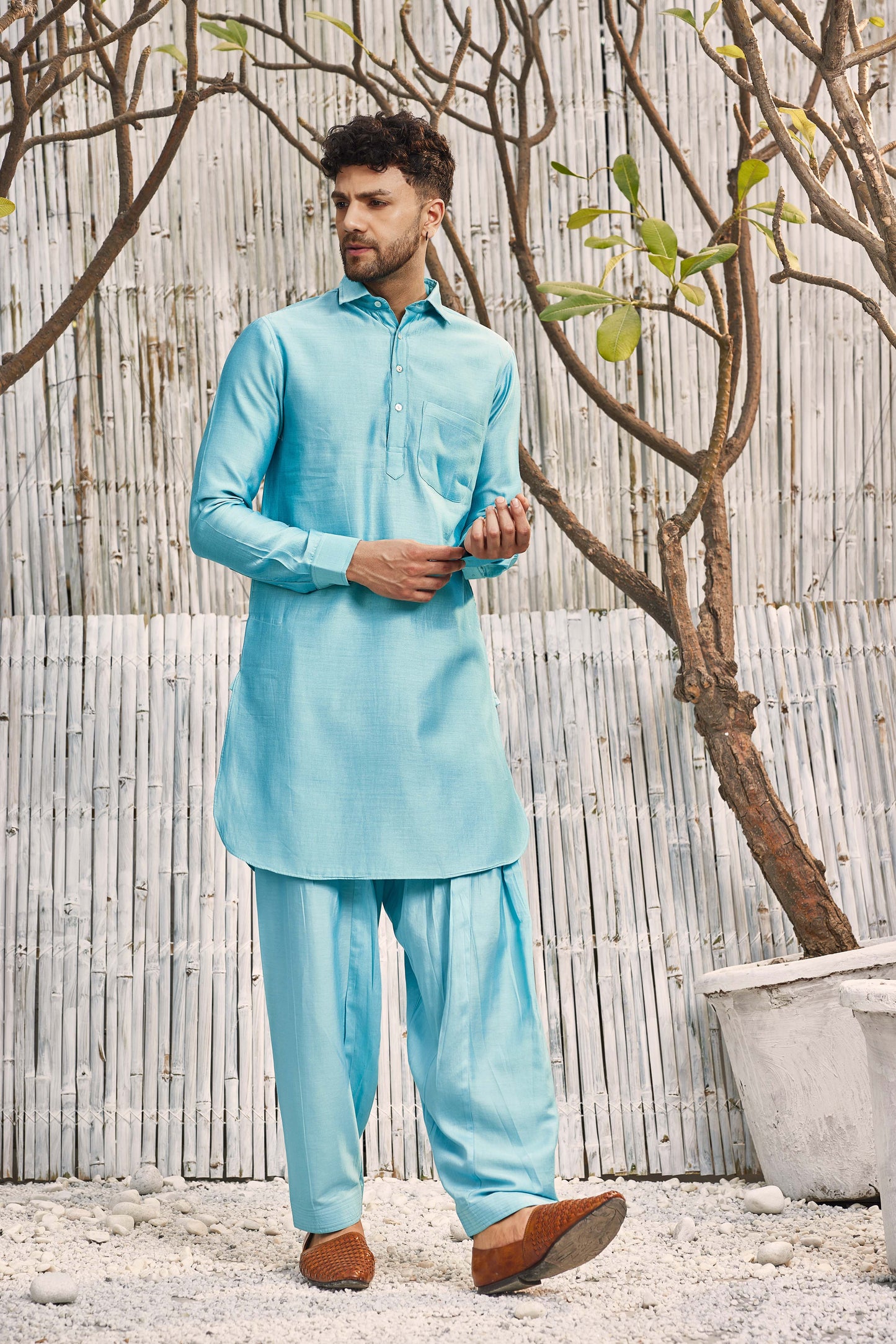 Chanderi Pathani with Salwar - Set of 2 - Blue by Charkhee with Blue, Chanderi, Cotton, Cotton Satin, Festive Wear, Kurta Salwar Sets, Mens Co-ords, Menswear, Natural, Regular Fit, Shores 23, Solids at Kamakhyaa for sustainable fashion